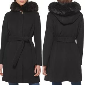 Cole Haan Sz 14 Faux Fur Trimmed Belted Coat Wool